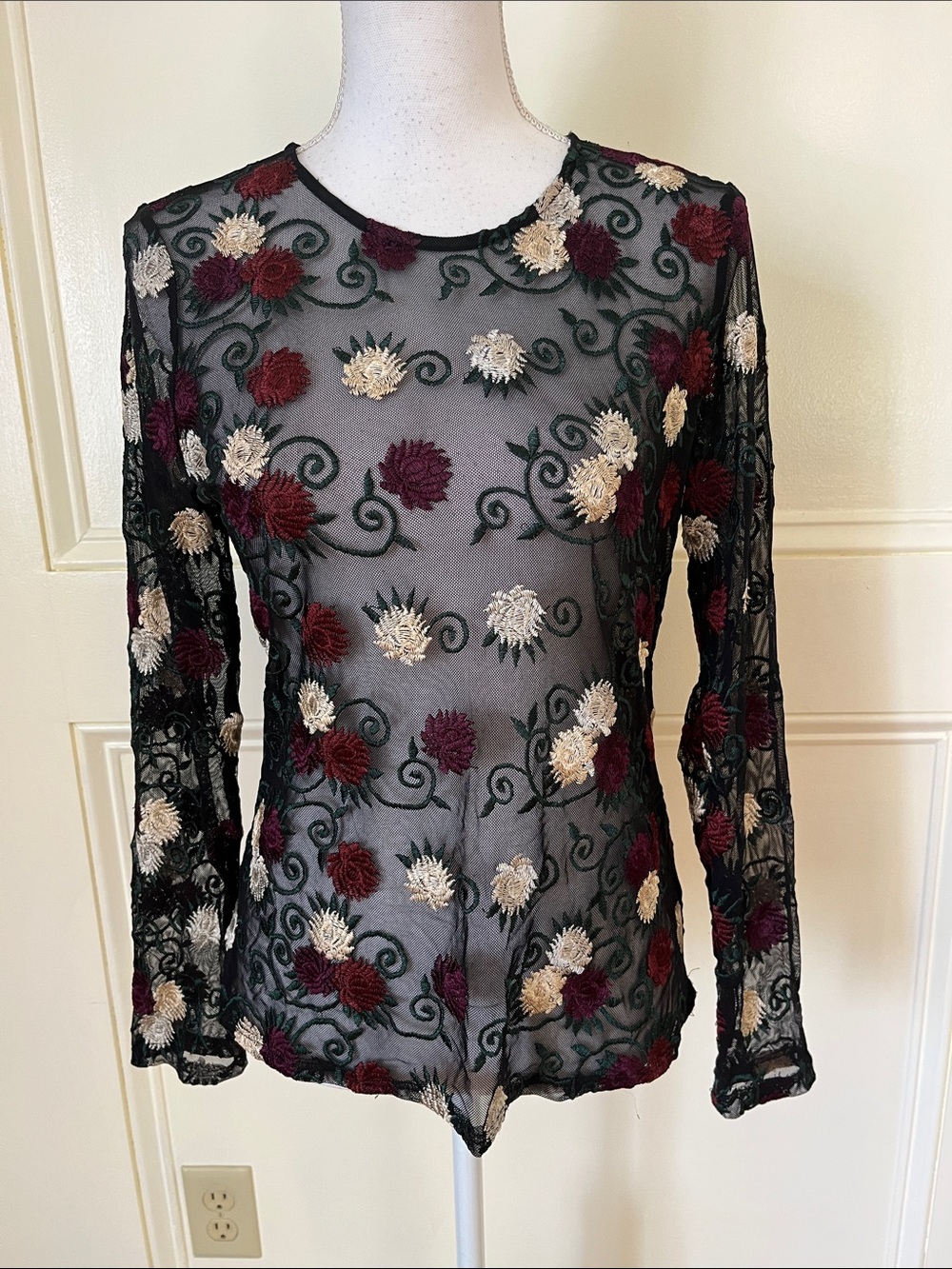 Sheer Black Long-Sleeve Floral Embroidered Top